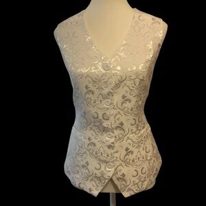 GRACE KARIN WHITE BUTTON-UP/ V-NECK BROCADE DESIGN VEST/ Size L